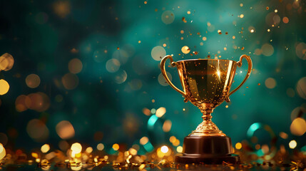 A golden trophy cup, close-up and blurred lights in background