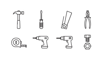 Collection of hand drawn tools including hammer screwdriver saw pliers drill and tape measure vector