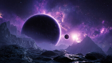 A vibrant purple planet over a purple galaxy nebula background. Cinematic cosmic fantasy.