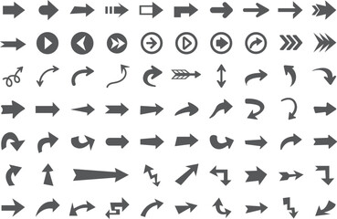 Arrow Icon Set, Direction Symbols Collection, Flat Navigation and Pointer Shapes, Arrows, Curved and Forward Icons for Interface, Infographic and Web Design