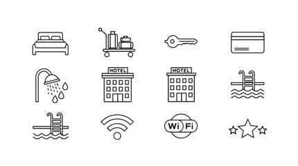 Hotel icons collection simple line art amenities accommodation services travel hospitality business concept vector