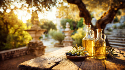 Olive oil and green olives on a wooden table against a field of olive trees at sunset