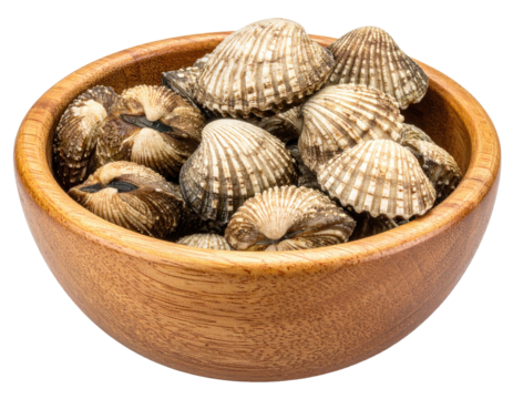 Wooden bowl filled with a collection of fresh, patterned, and textured shellfish