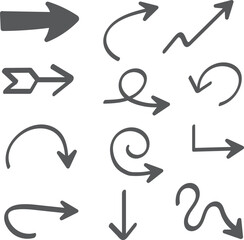 Hand Drawn Arrow Doodle Set, Sketch Style Direction Icons Collection, Curved, Spiral, and Wavy Arrows, Thin Marker Line Symbols for Navigation, Highlighting and Creative Design Elements