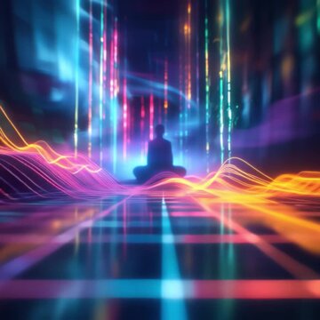looped Generated video. the energies of the digital world against the background of a meditative human figure