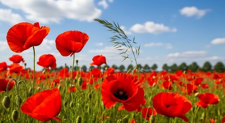 Obraz premium Red Poppy Field Under Sunny Sky.