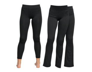 Three pairs of black leggings, two fitted, one with a slight flare, showing leg details