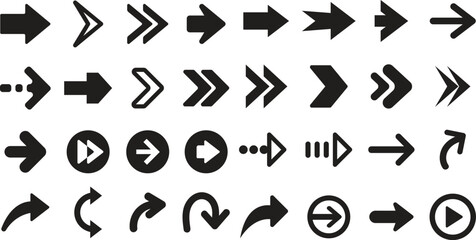 Arrow Icon Set, Direction Symbols Collection, Flat Navigation and Pointer Shapes, Arrows, Curved and Forward Icons for Interface, Infographic and Web Design