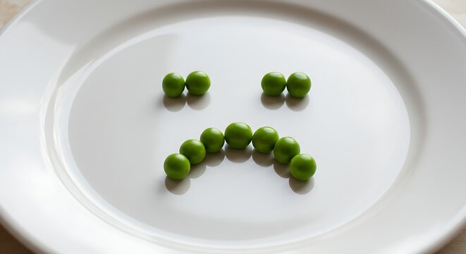 Green peas arranged on a white plate forming a sad face expression - Powered by Adobe