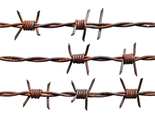 Close-up of rusty metal barbs on three horizontal lines, against black