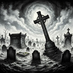 Misty Graveyard at Moonlight