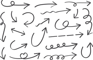 Hand Drawn Arrow Doodle Set, Sketch Style Direction Icons Collection, Curved, Spiral, and Wavy Arrows, Thin Marker Line Symbols for Navigation, Highlighting and Creative Design Elements