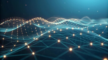 Flowing digital wave pattern of interconnected nodes and illuminated particles symbolizing global communication and big data technology. - Powered by Adobe