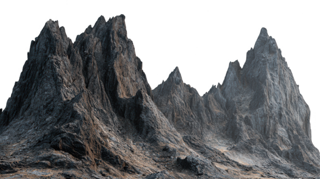 Jagged rocky mountain peaks with textured surfaces isolated on transparent background