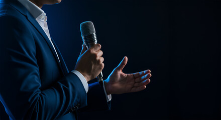 A man in a suit speaks into a microphone, gesturing with his hand.