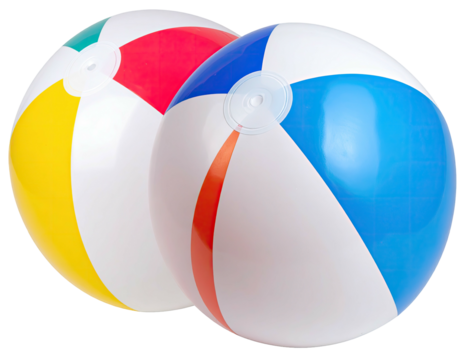 Two brightly colored, inflatable spheres with panels, partially overlapping, on black