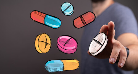 Conceptual image: hand interacting with digital pills. Ideal for healthcare, pharmacy, medicine, technology, and wellness.