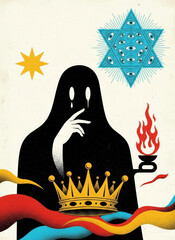 Graphic illustration of mysterious hooded figure and symbols.