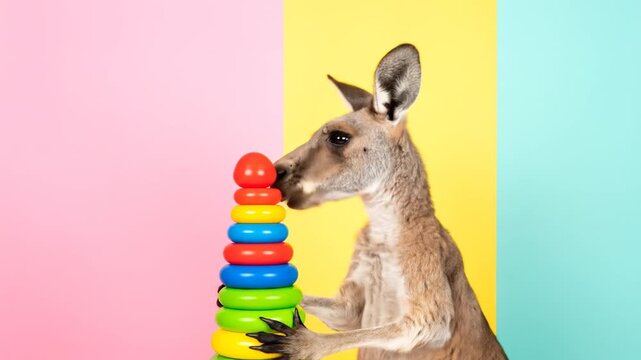 Playful kangaroo interacting with colorful stacking rings against a vibrant background
