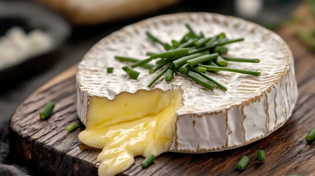 Fresh cheese with chives on a wooden cutting board, perfect for snacking or cooking
