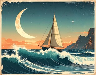 Sailboat navigating ocean waves at night under crescent moon and starlit sky