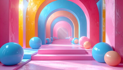 Floating cotton clouds in an arched blue doorway on a vibrant yellow background
4