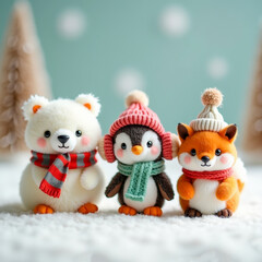 Three adorable plush animals dressed for winter.