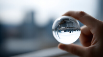 Hand holds glass sphere reflecting the skyline of a city with a blurred background.