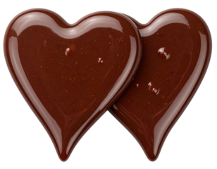 Two glossy chocolate hearts merging, a symbol of love and sweet confection