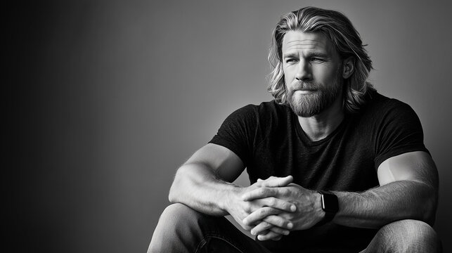 Stylish mature man with long blond hair and beard sitting thoughtfully in black t-shirt and smart watch in moody studio lighting.