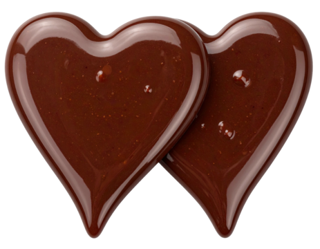 Two glossy chocolate hearts merging, a symbol of love and sweet confection