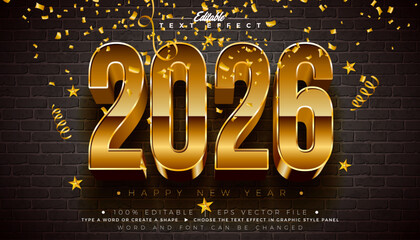 2026 Happy New Year Editable Text Effect Design Vector Graphic Style with Gold 3D Bold Typography Lettering and Falling Confetti on Dark Background. Christmas Holiday Illustration for Greeting Card