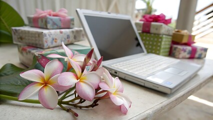 Pink Plumeria Flowers Resting Near Laptop and Stack of Gift Wrapped Presents frangipani pink flowers