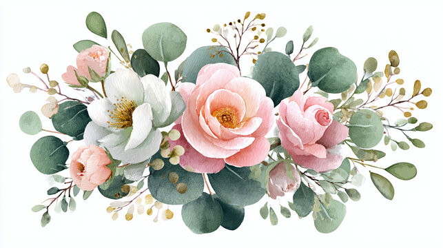Watercolor floral arrangement featuring delicate pink and white flowers, complemented by verdant eucalyptus leaves and delicate stems.