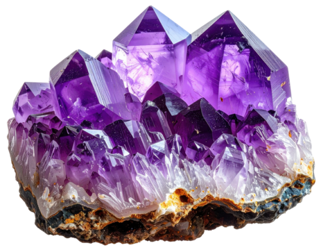 Vivid cluster of prismatic amethyst crystals, radiating a deep violet hue