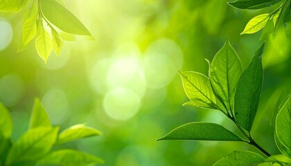 Close-up of vibrant green leaves, gently illuminated by soft sunlight, creating a blurred background with bokeh effects