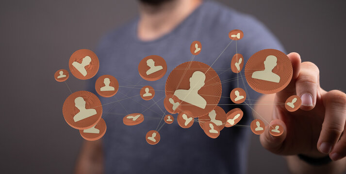 Man touching virtual network, symbolizing connection, community, and expanded reach. Ideal for business, technology and social media concepts.