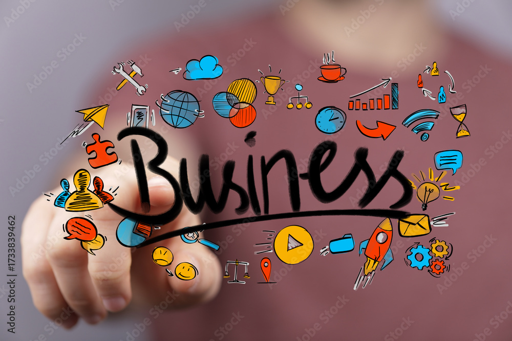 Wall mural dynamic image showing a hand interacting with 'business' text and a vibrant array of interconnected 