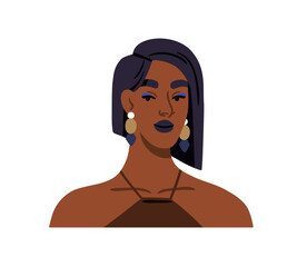 Young black woman in chic outfit, dressing, attractive makeup, face avatar. Beautiful pretty female, head portrait, elegant hairstyle, earrings. Flat vector illustration isolated on white background.