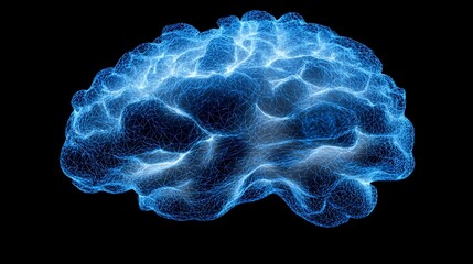 Glowing blue wireframe human brain model