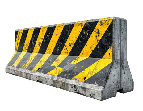 Concrete barrier with yellow/black stripes, angled, used for safety and road work - Powered by Adobe