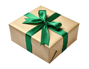 A wrapped present, in brown paper, tied with a green ribbon, angled view on black