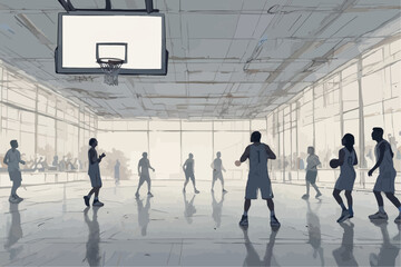 Obraz premium Group of players practicing basketball in a gym with sunlight 