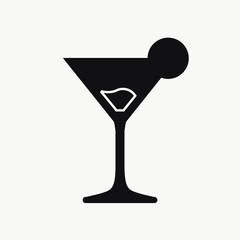Isolated cocktail illustration on clear background, depicting cocktail glass, olive, and ice cube. Isolated cocktail illustration is simple silhouette,