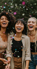 Group of three women laughing together with colorful confetti in the air