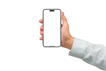 Hand showing smartphone with blank screen isolated.