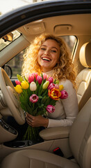 Cheerful woman smiling and holding a bouquet of flowers inside a car