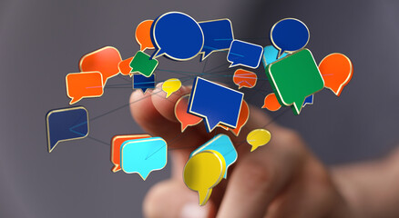 A hand reaches for vibrant 3D speech bubbles, illustrating connection, communication, and innovative online interaction in modern business.