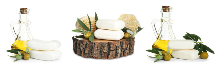 Soap bars, olives and oil isolated on white, set