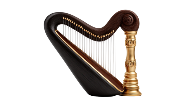 Ornate dark harp with golden accents